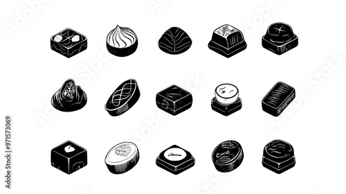 Variety of chocolates in unique personalized shapes, aligned evenly in a square layout, vector illustration art
