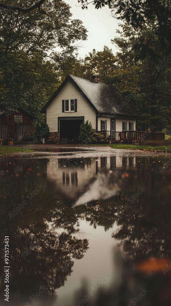 Fototapeta premium A tranquil farmhouse reflecting in serene pond surrounded by trees