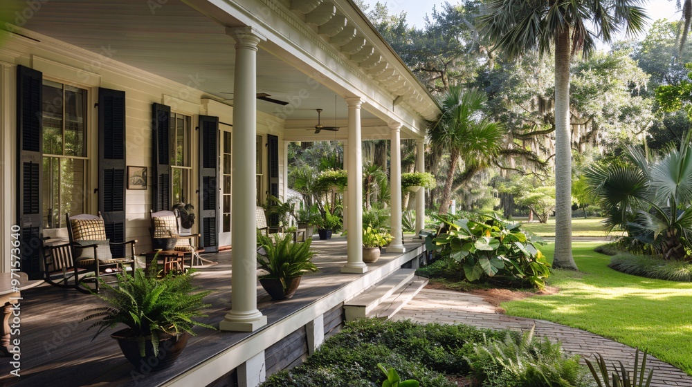 Southern Porch with Rocking Chairs and Lush Greenery Southern Porch with Rocking Chairs and Lush Greenery