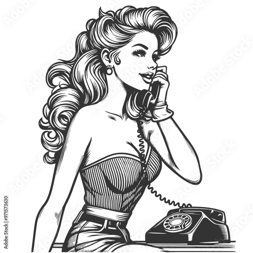 woman talking on a rotary phone, communication in a retro era sketch engraving generative ai fictional character vector illustration. Scratch board imitation. Black and white image.