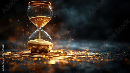   An hourglass with golden sand on a pile of coins against a black backdrop