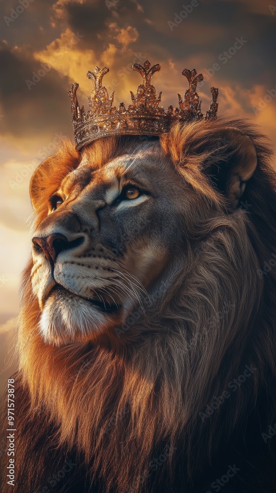 Fototapeta premium Majestic lion wearing a crown posing at sunset