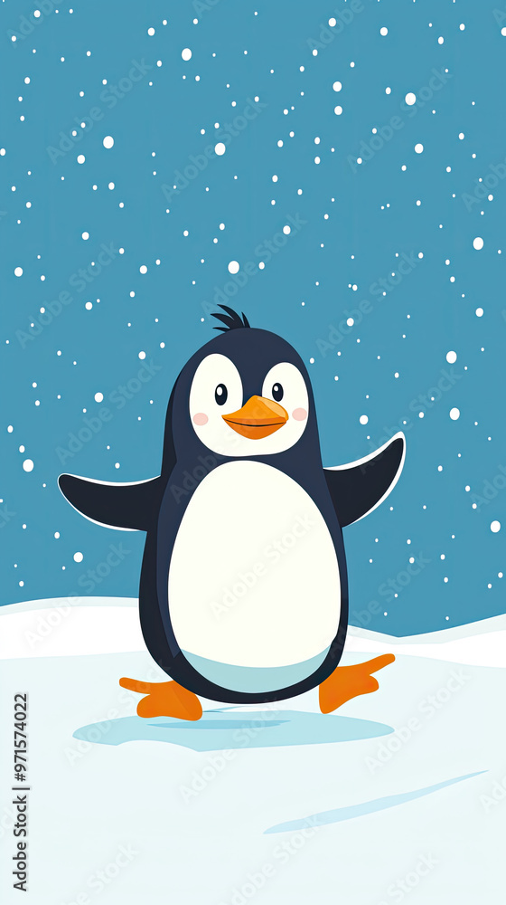 Cheerful penguin sliding on ice, enjoying snowy day Cheerful penguin sliding on ice, enjoying snowy day