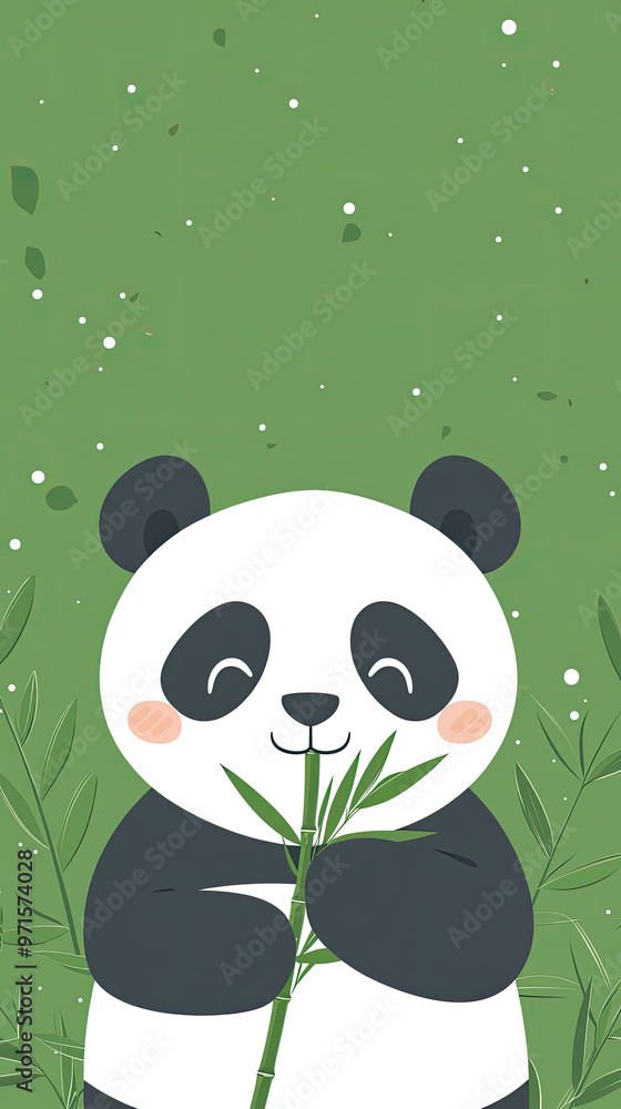 Fototapeta premium Cute panda happily eating bamboo in simple flat design, surrounded by greenery