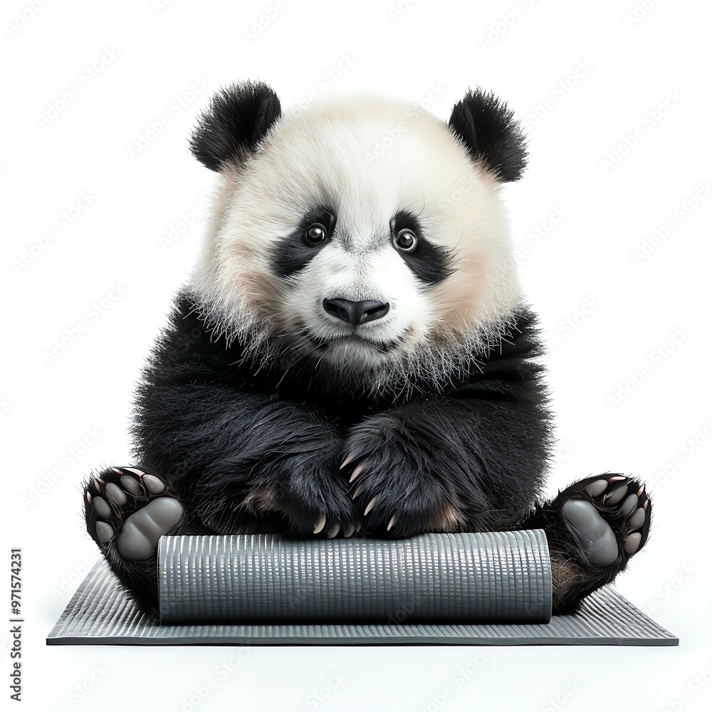 Naklejka premium A panda yoga instructor, demonstrating poses with a yoga mat, wellness illustration, isolated on white background