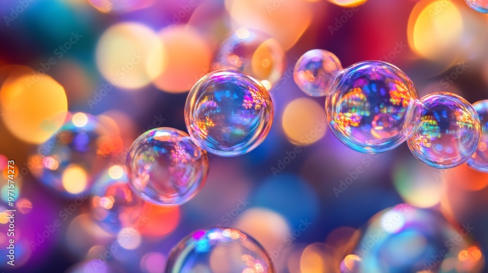 Soap bubbles floating creating abstract festive background reflecting colorful bokeh lights Soap bubbles floating creating abstract festive background reflecting colorful bokeh lights