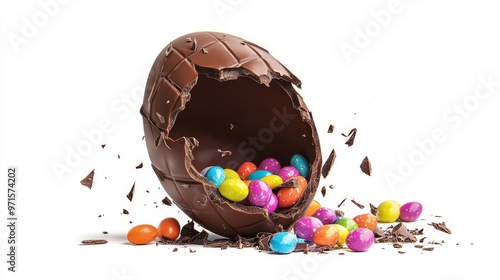 Broken chocolate egg with colorful candy filling on a white background. Perfect for Easter celebration and confectionery themes.