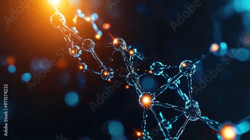 Molecules linking together in polymerization, forming long chains with glowing bonds, Molecule polymerization, chemical synthesis photo