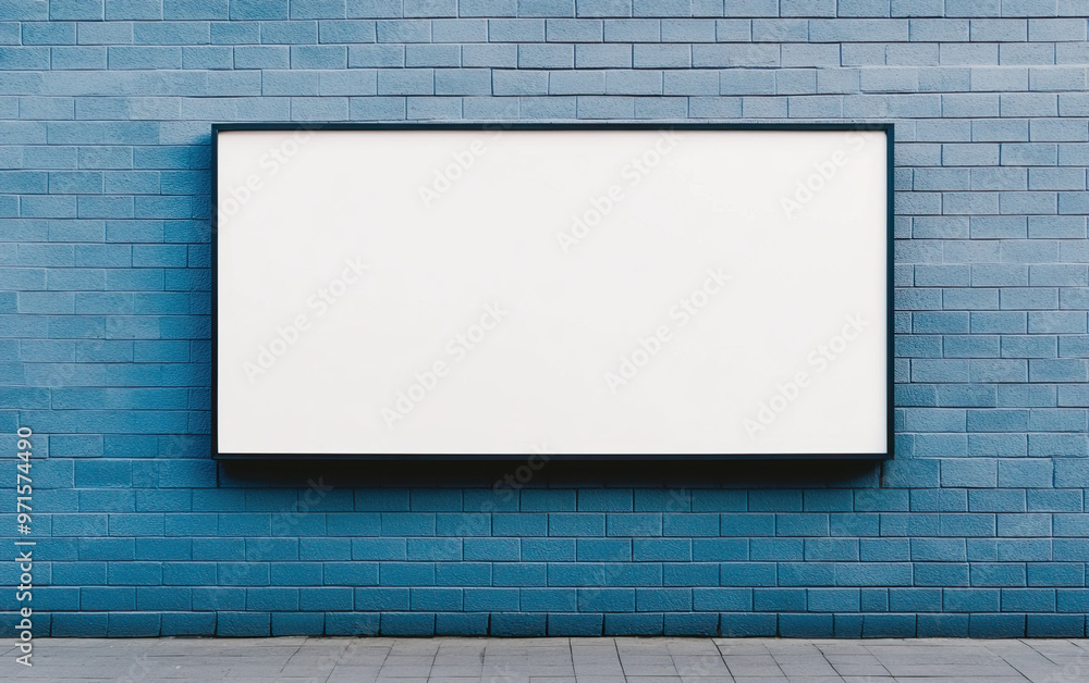 A blank billboard against a blue brick wall, ideal for advertising or display purposes, showcasing vibrant urban architecture. A blank billboard against a blue brick wall, ideal for advertising or display purposes, showcasing vibrant urban architecture.