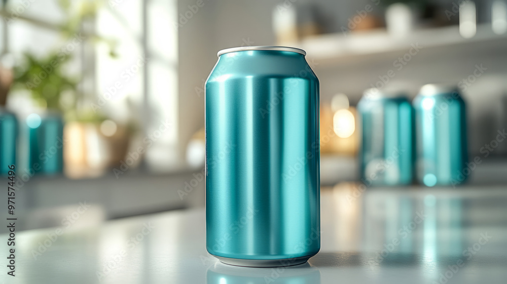Close-up shot of a blue aluminum can on a modern kitchen countertop. Close-up shot of a blue aluminum can on a modern kitchen countertop.