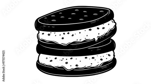 Ice cream sandwich with vanilla ice cream between two chocolate cookies, vector illustration art