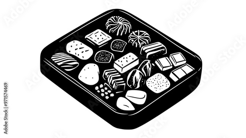Open container filled with various flavored sweets, each piece arranged in a neat pattern, vector illustration art