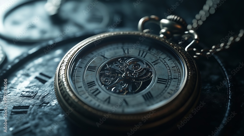 Intricate antique pocket watch resting on an old wooden surface, illuminated by soft light in a vintage setting Intricate antique pocket watch resting on an old wooden surface, illuminated by soft light in a vintage setting