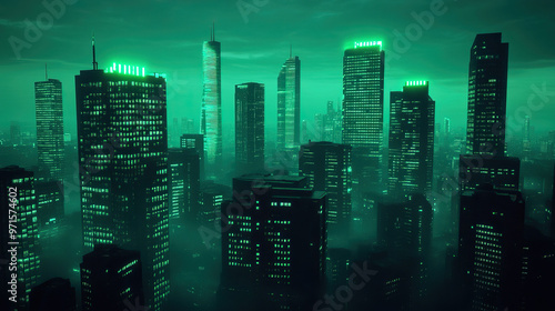 A breathtaking skyline at night, illuminated by vibrant green lights, showcasing the futuristic urban landscape.