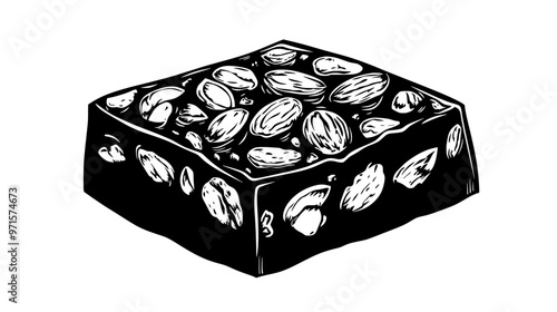 Block of nut-based confection with visible whole nuts and cohesive, textured surface, vector illustration art