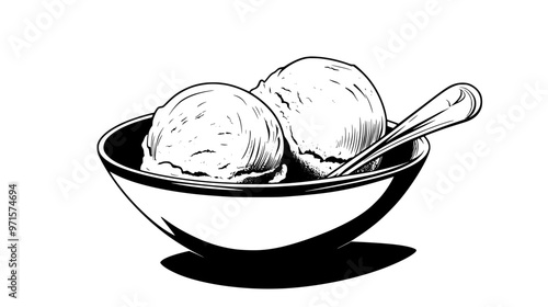 Two scoops of vanilla ice cream in a bowl on a flat surface with a spoon beside it, vector illustration art