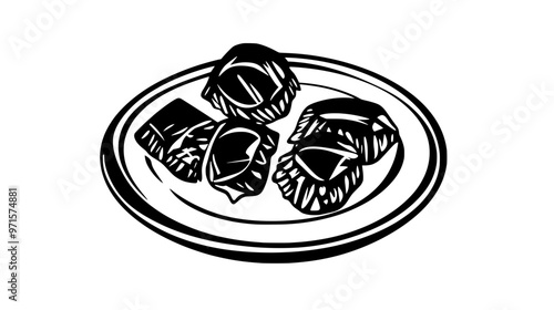 Butterscotch candies placed in a circle on a small plate, with wrappers beside them, vector illustration art