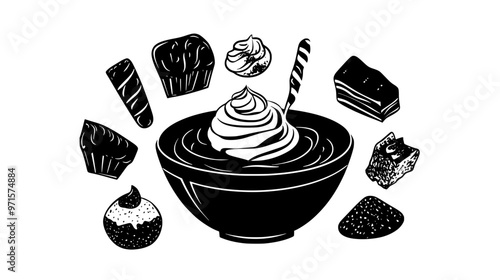 A bowl with a thick layer of caramel sauce, surrounded by dessert items, vector illustration art