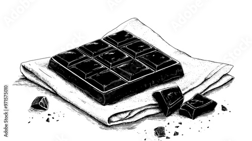 Chocolate bar on a cloth napkin with crumbs nearby, vector illustration art
