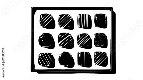 Chocolates molded into personalized shapes, displayed in symmetrical rows on a rectangular plate, vector illustration art