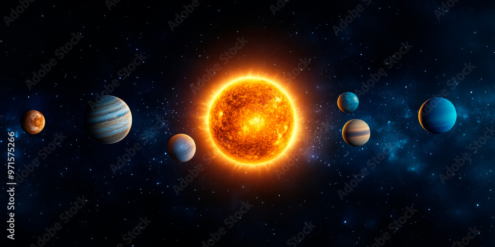 Vivid illustration of the solar system featuring a radiant sun and detailed planets against a starry space backdrop, ideal for educational and scientific themes. Vivid illustration of the solar system featuring a radiant sun and detailed planets against a starry space backdrop, ideal for educational and scientific themes.