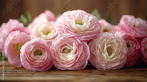  Pink flowers on wooden table, vase with pink flowers adjacent