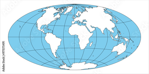 This vector representation of a world map uses the Aitoff projection to display geographical features and boundaries of continents and oceans in a visually appealing format