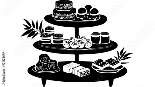 Collection of Asian sweets arranged on a multi-tiered serving stand, vector illustration art
