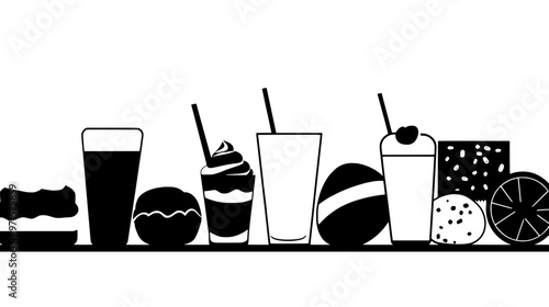 A countertop with a variety of low-sugar sweets arranged in a line near a glass of milk, vector illustration art