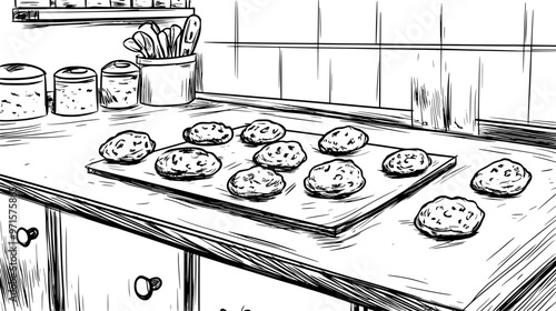 Cookies laid out on a kitchen counter, awaiting decoration and packaging for gifts, vector illustration art