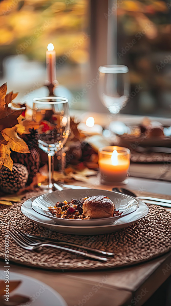 A beautifully set Thanksgiving table with autumn themed decor, featuring delicious meal A beautifully set Thanksgiving table with autumn themed decor, featuring delicious meal
