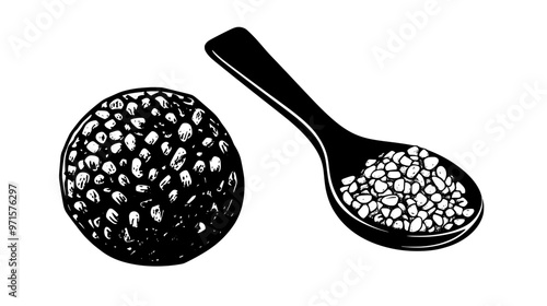 Filled truffle next to a small spoon of finely chopped nuts for decoration, vector illustration art