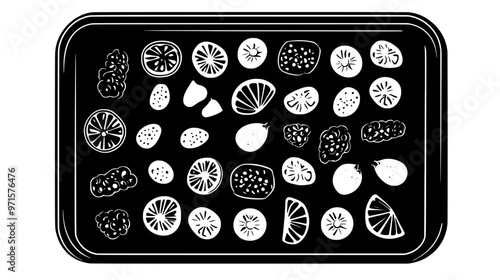 Fruit chips spread out in a thin, even layer across a rectangular baking sheet, vector illustration art