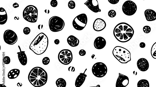 Fruit-filled candies scattered across a plain background, spaced closely together, vector illustration art