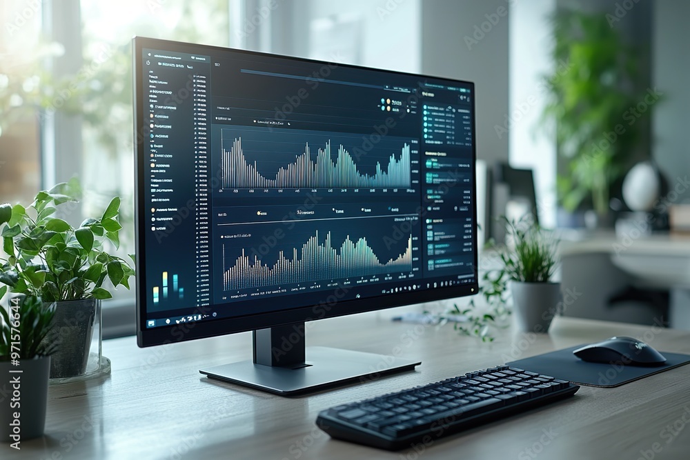 Modern monitor screen displaying financial charts, stock market, forex market and investments on desk in office Modern monitor screen displaying financial charts, stock market, forex market and investments on desk in office