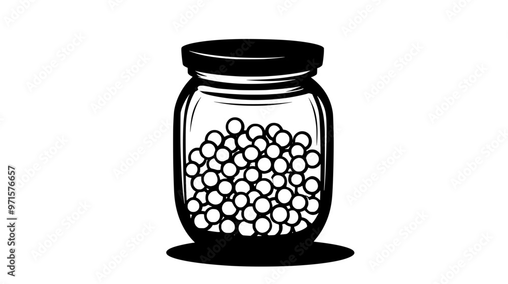Glass jar of sugar pearls showcasing round glossy decorations on a kitchen counter, vector illustration art Glass jar of sugar pearls showcasing round glossy decorations on a kitchen counter, vector illustration art