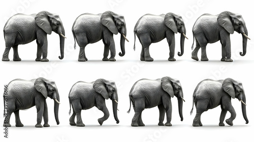 Eight images of elephants walking in different poses and angles.