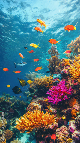 Vibrant coral reef with colorful fish swimming in clear water