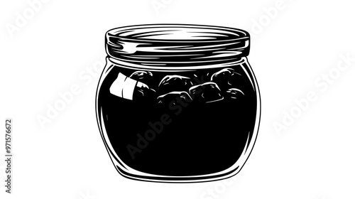 A glass jar of fruit compote with pieces of fruit visible, on a countertop, vector illustration art