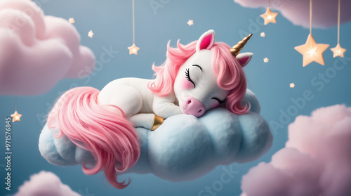 Little unicorn sleeps on a cloud photo