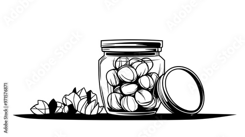 Jar filled with hard candies, lid beside it on a kitchen counter, vector illustration art