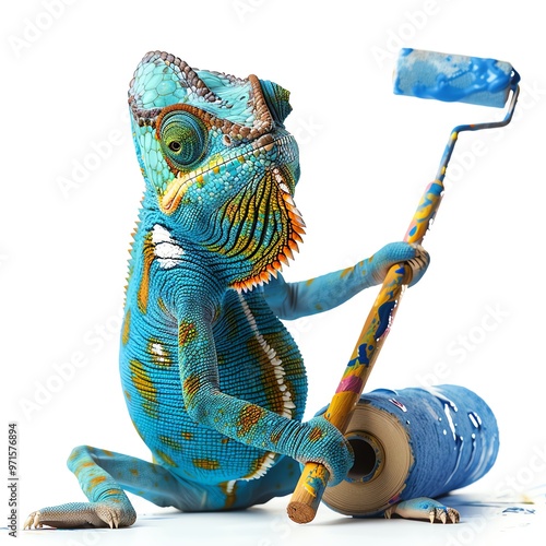 A chameleon painter, painting walls with a paint roller, abstract style, isolated on white background photo