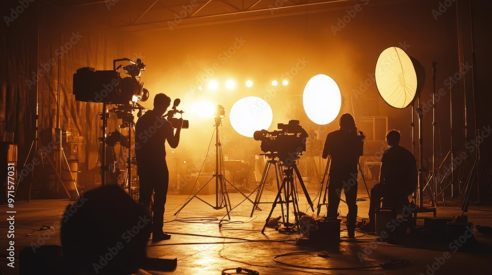 © Bijac - cinematic behindthescenes shot of a film production silhouettes of crew members operating cameras and lighting equipment creating an atmosphere of creativity and collaboration © Bijac - cinematic behindthescenes shot of a film production silhouettes of crew members operating cameras and lighting equipment creating an atmosphere of creativity and collaboration
