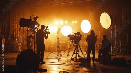 cinematic behindthescenes shot of a film production silhouettes of crew members operating cameras and lighting equipment creating an atmosphere of creativity and collaboration photo