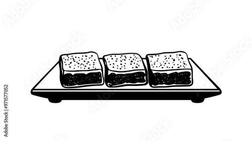 Kunafa slices displayed in a uniform line on a rectangular serving plate, vector illustration art