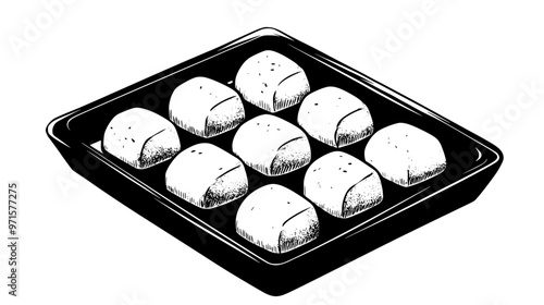 Multiple mochi portions arranged neatly on a square serving dish, vector illustration art