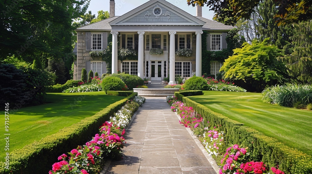 Beautiful manicured garden leading to a classic, stately home Beautiful manicured garden leading to a classic, stately home