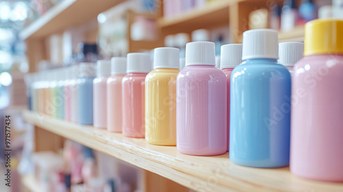 Colorful plastic bottles arranged in a row on a store shelf.