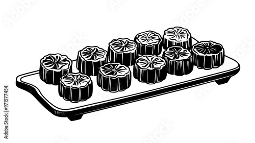 Multiple mooncakes displayed in an orderly row on a long serving board, vector illustration art