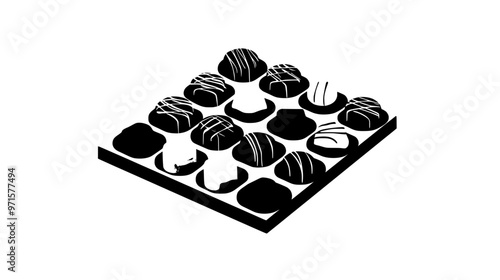 Personalized chocolates placed in a symmetrical formation on a flat, rectangular surface, vector illustration art